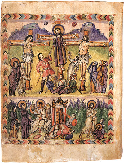 Miniatura Cristiana, representa la crucifixión y resurrección de Jesucristo.  dans immagini sacre 48-03-012